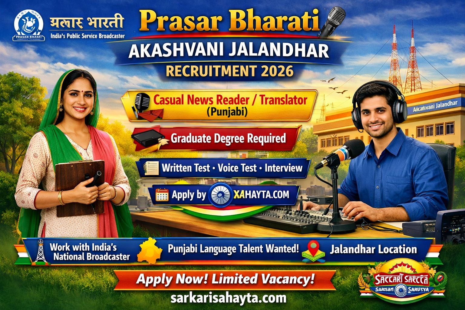  Prasar Bharati Akashvani Jalandhar Recruitment 2026  Casual News ReadercumTranslator Punjabi