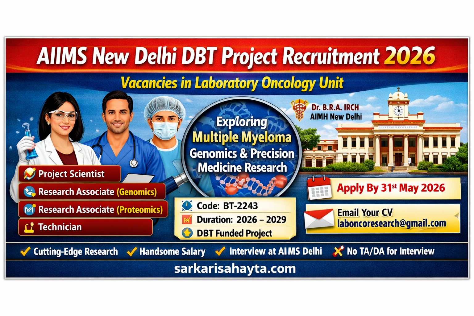 🧬 AIIMS New Delhi Recruitment 2026 – DBT Funded Project Vacancies in Laboratory Oncology Unit