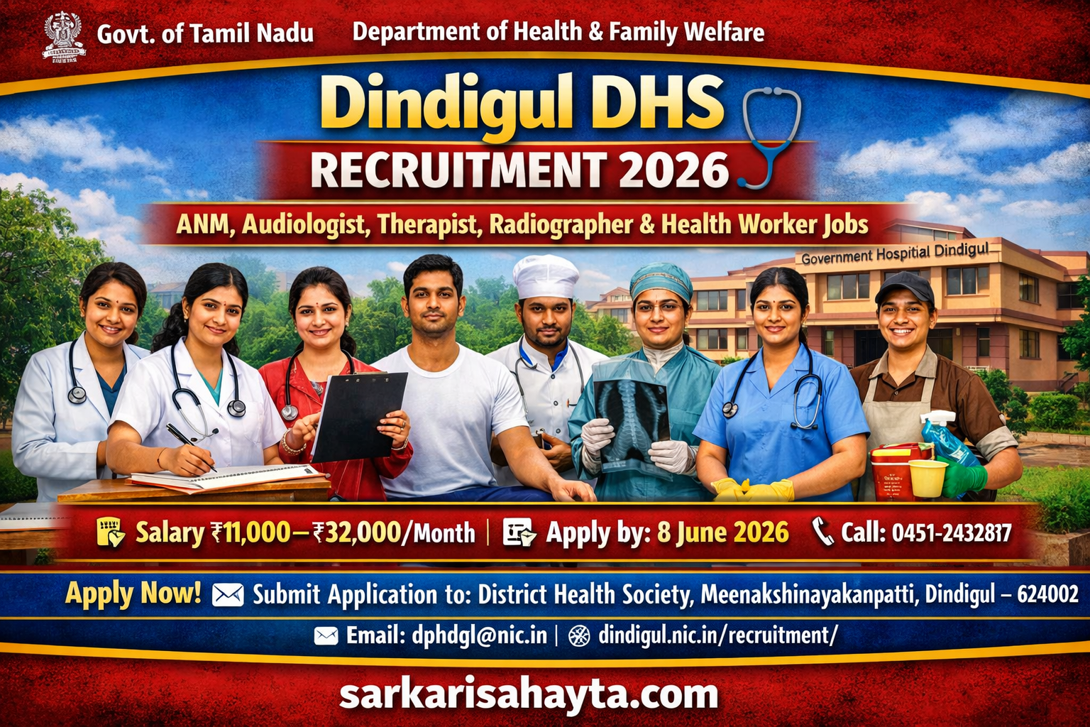 Dindigul DHS Recruitment 2026 – Apply for ANM, Audiologist, Therapist, Radiographer & Health Worker Jobs