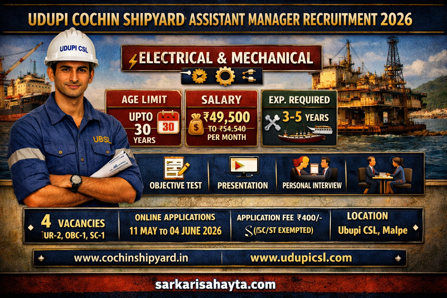 Udupi Cochin Shipyard Limited Recruitment 2026 – Apply Online for Assistant Manager (Electrical & Mechanical) Posts