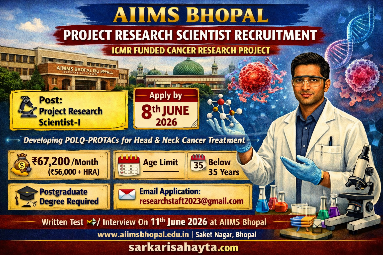 🧬 AIIMS Bhopal Recruitment 2026 – Apply for Project Research Scientist-I (ICMR Funded Project)