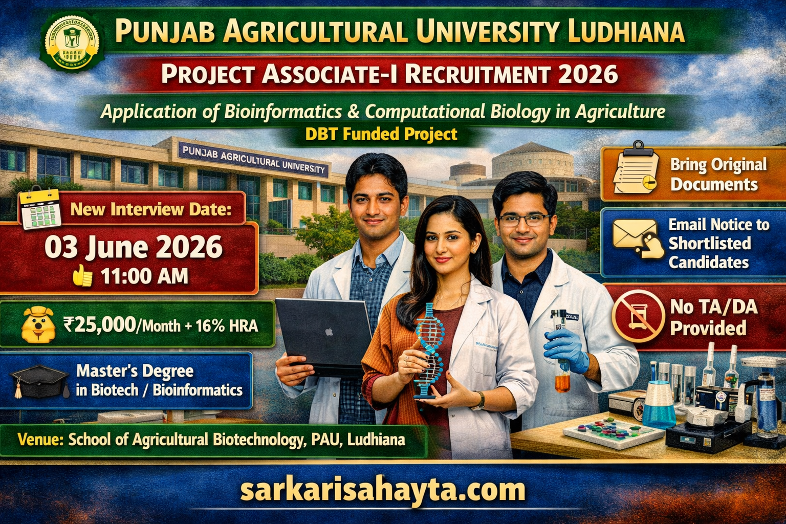 Punjab Agricultural University (PAU) Ludhiana – Project Associate-I Recruitment 2026