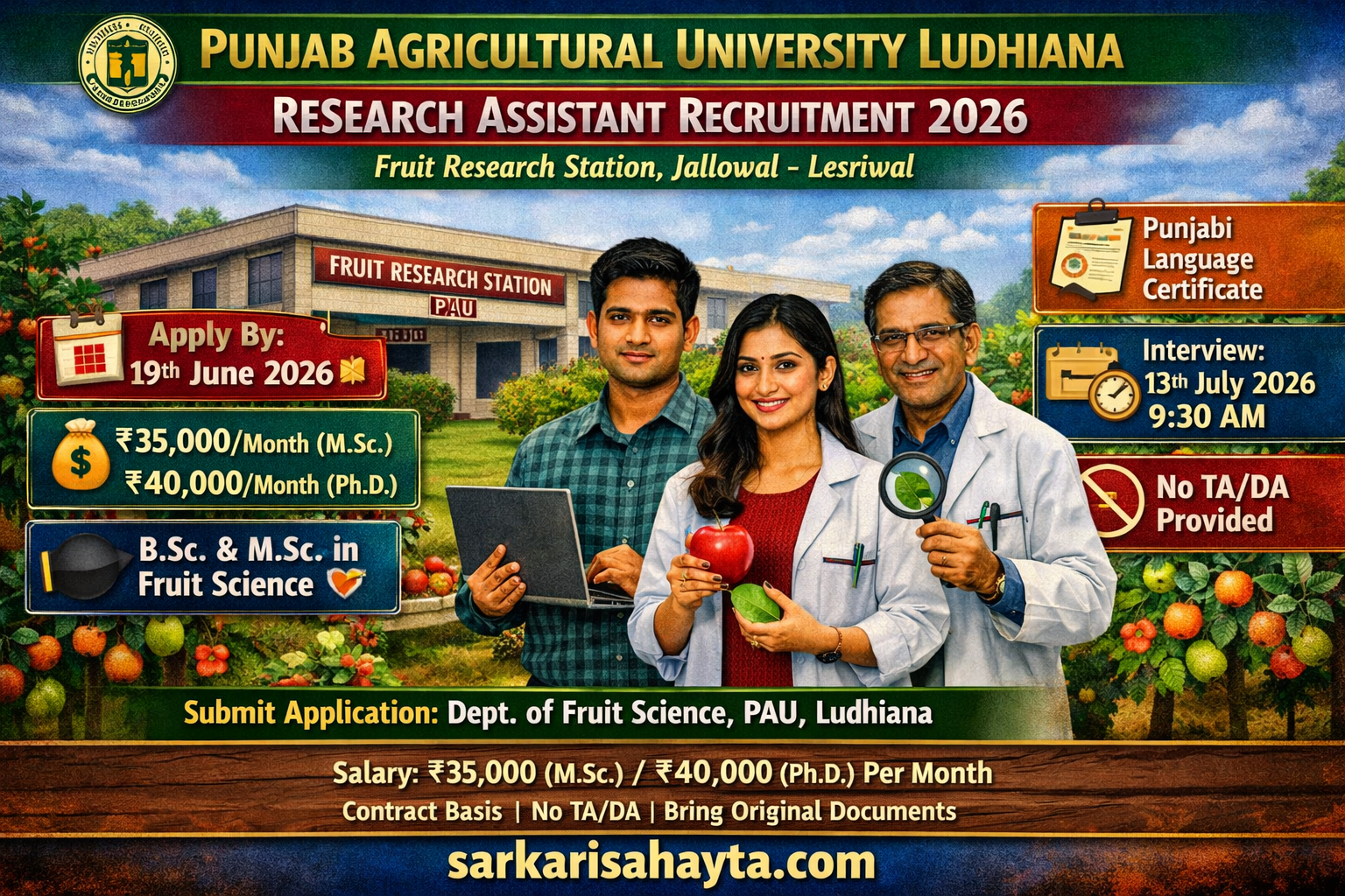 Punjab Agricultural University (PAU) Ludhiana – Research Assistant Recruitment 2026