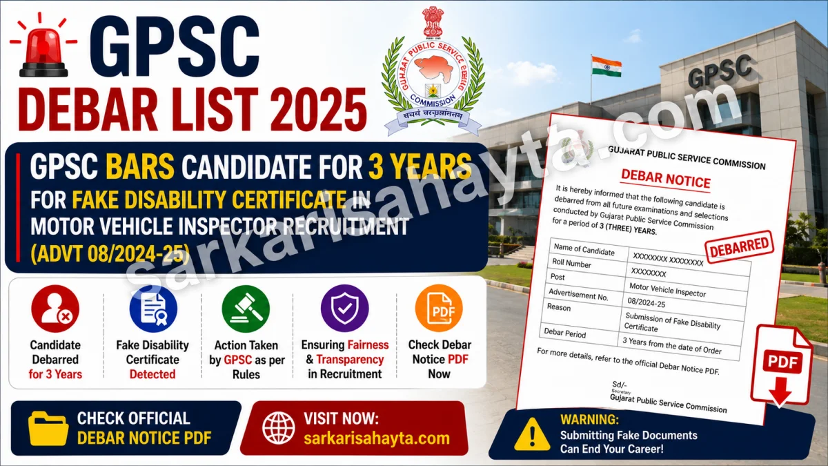 🚨 GPSC Debar List 2025: GPSC Bars Candidate for 3 Years for Fake Disability Certificate in Motor Vehicle Inspector Recruitment (Advt 08/2024-25) – Check Debar Notice PDF
