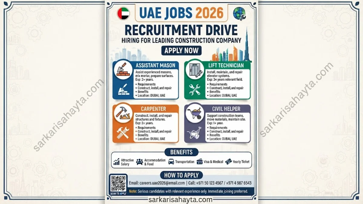 UAE Jobs 2026 – Apply for Assistant Mason, Lift Technician, Carpenter & Civil Helper Vacancies