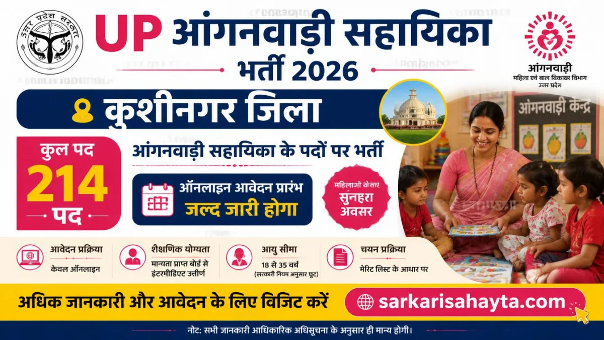 UP Anganwadi Sahayika Recruitment 2026 – Kushinagar District Notification with 214 Vacancies and Online Application Process