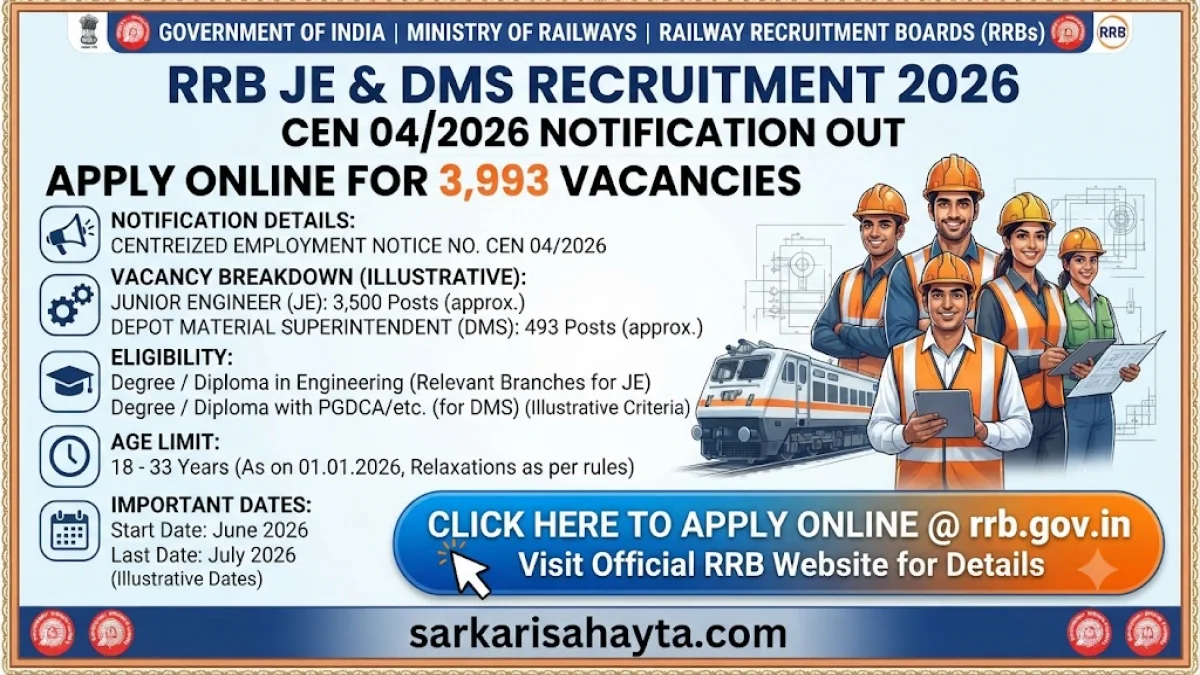 RRB JE and DMS Recruitment 2026: CEN 04/2026 Notification Out for 3,993 Vacancies
