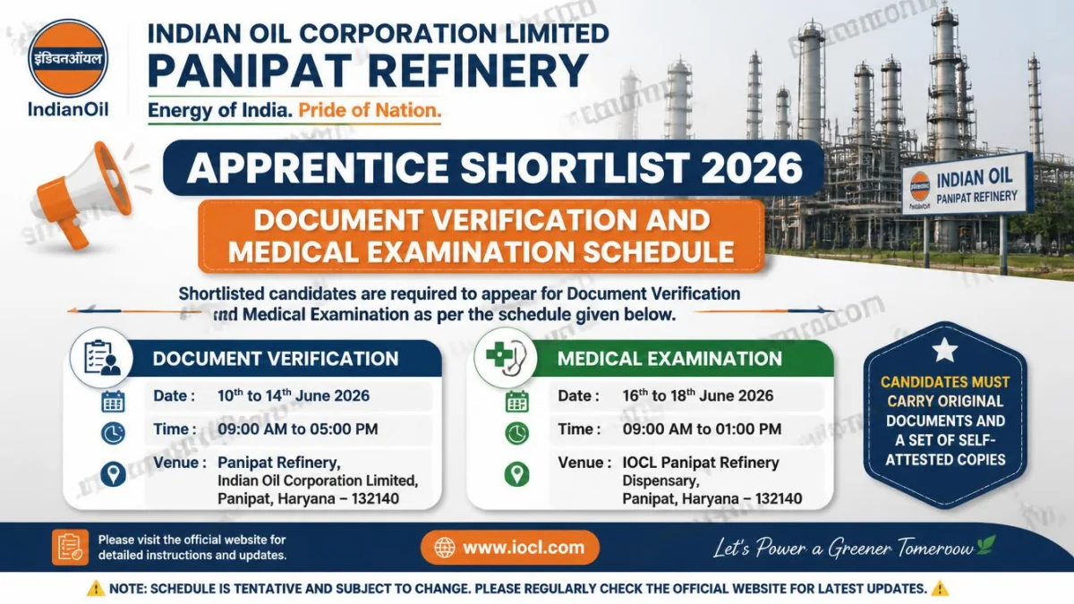 IOCL Panipat Refinery Apprentice Shortlist 2026 – Document Verification and Medical Examination Schedule