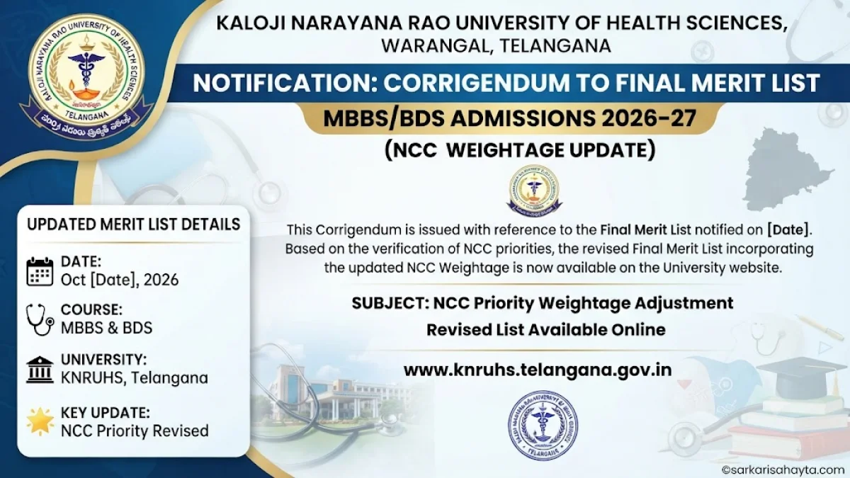 Kaloji Narayana Rao University of Health Sciences Telangana – Corrigendum to Final Merit List for MBBS/BDS Admissions 2026‑27 (NCC Weightage Update)