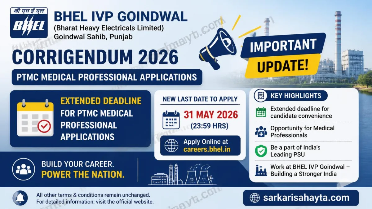 BHEL IVP Goindwal Corrigendum 2026: Extended Deadline for PTMC Medical Professional Applications