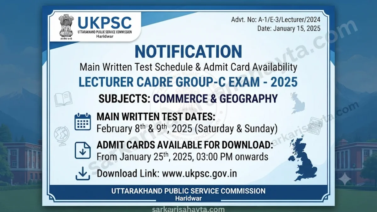 UKPSC Lecturer Cadre Group-C Exam 2025: Commerce and Geography Main Written Test Schedule & Admit Card Notice
