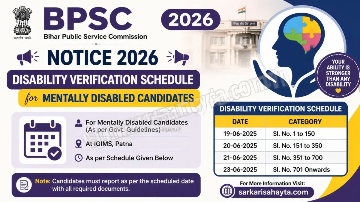 BPSC Notice 2026: Disability Verification Schedule for Mentally Disabled Candidates
