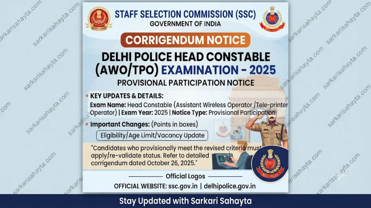 SSC Corrigendum – Delhi Police Head Constable (AWO/TPO) Exam 2025 Provisional Participation Notice