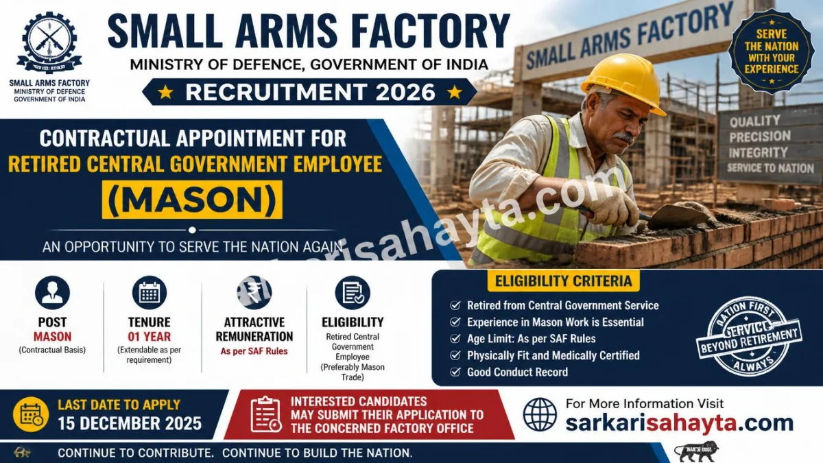 Small Arms Factory Recruitment 2026 – Contractual Appointment for Retired Central Government Employee (Mason)