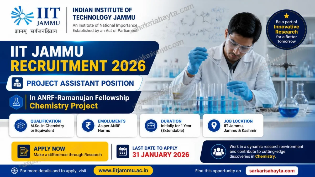 IIT Jammu Recruitment 2026 – Project Assistant Position in ANRF‑Ramanujan Fellowship Chemistry Project