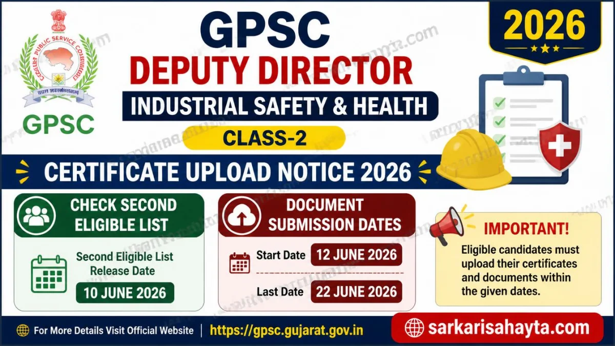 GPSC Deputy Director, Industrial Safety & Health Class-2 Certificate Upload Notice 2026 – Check Second Eligible List & Document Submission Dates
