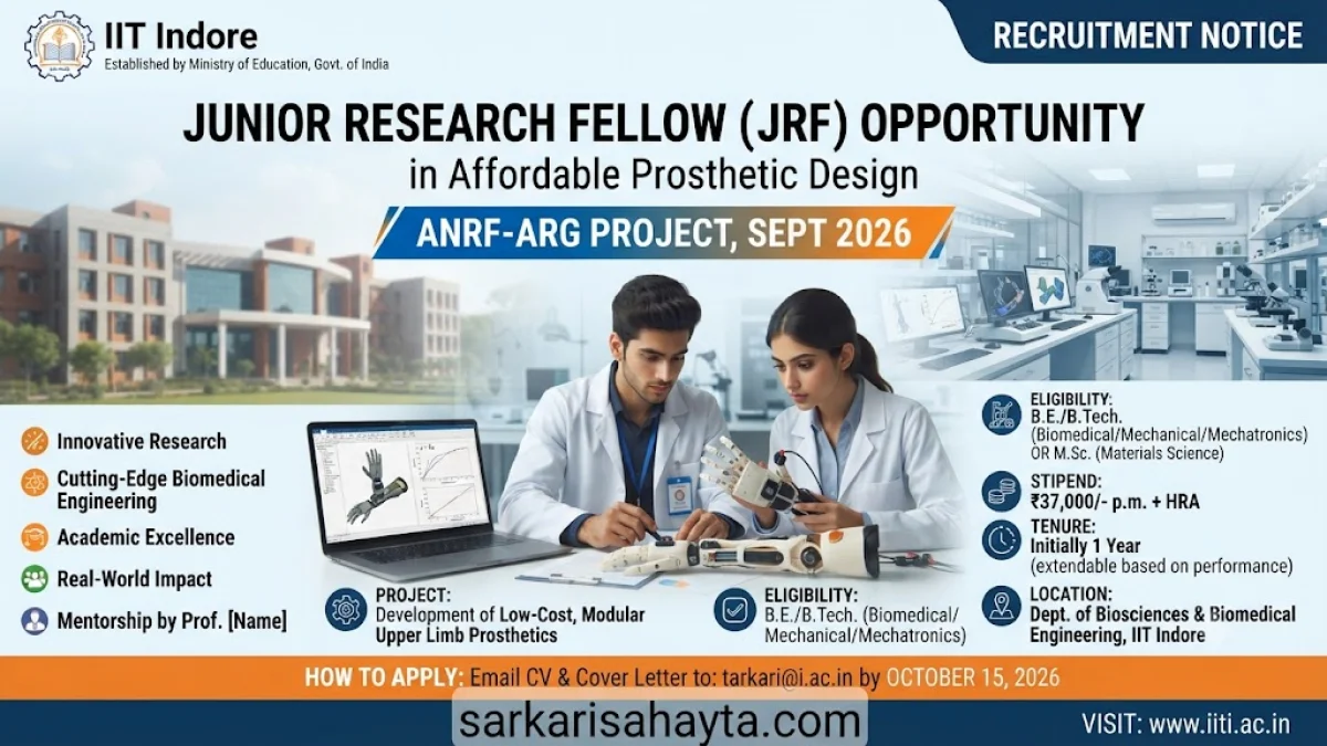 🦾 IIT Indore Recruitment – Junior Research Fellow in Affordable Prosthetic Design (ANRF‑ARG Project, Sept 2026)