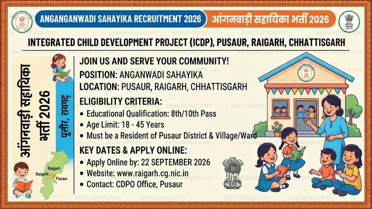 📢 Anganwadi Sahayika Recruitment – Integrated Child Development Project Pusaur, Raigarh (Apply Online by 22 September 2026)