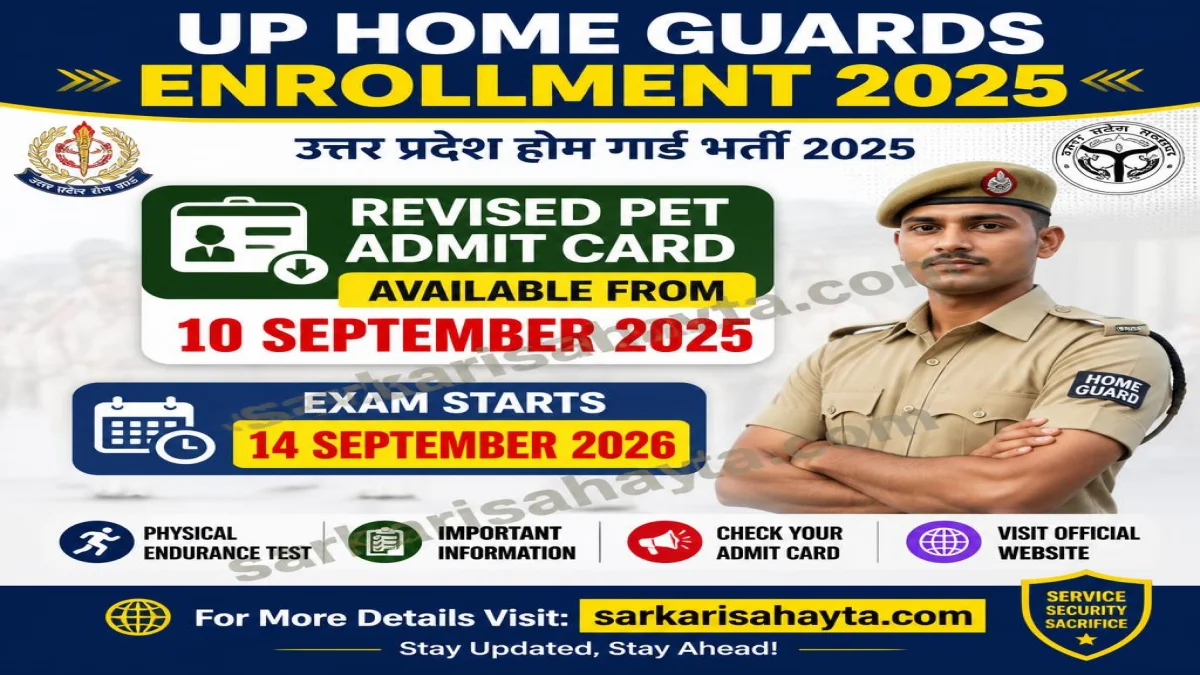 📢 UP Home Guards Enrollment 2025 – Revised PET Admit Card Available from 10 September, Exam Starts 14 September 2026