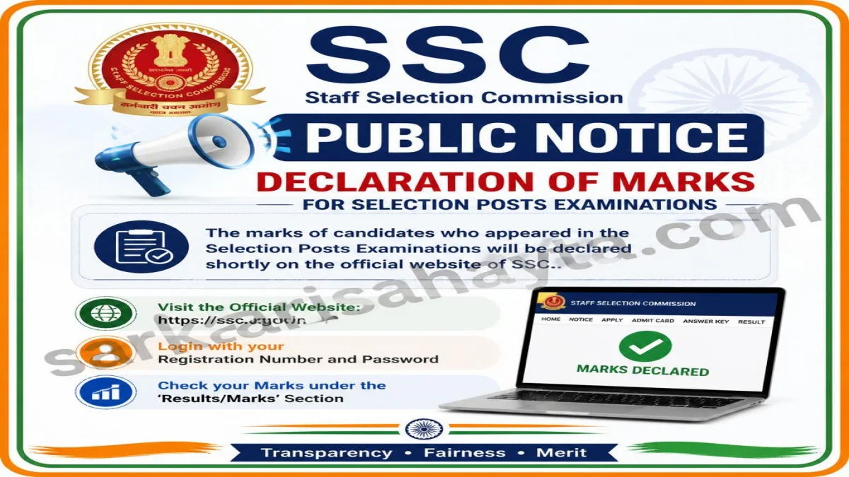 SSC Public Notice – Declaration of Marks for Selection Posts Examinations