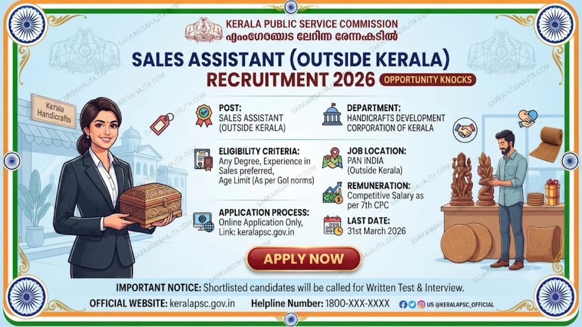 Kerala PSC Sales Assistant (Outside Kerala) Recruitment 2026 – Handicrafts Development Corporation Notification