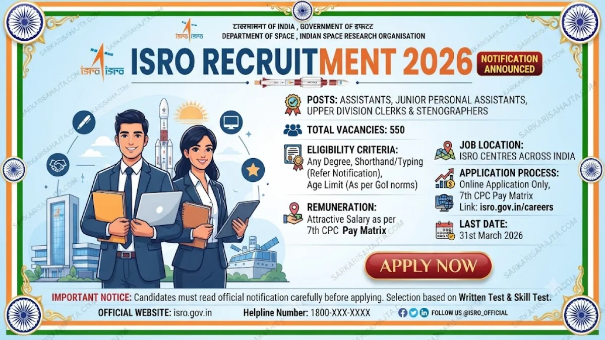 ISRO Recruitment 2026 – Assistants, Junior Personal Assistants, Upper Division Clerks & Stenographers