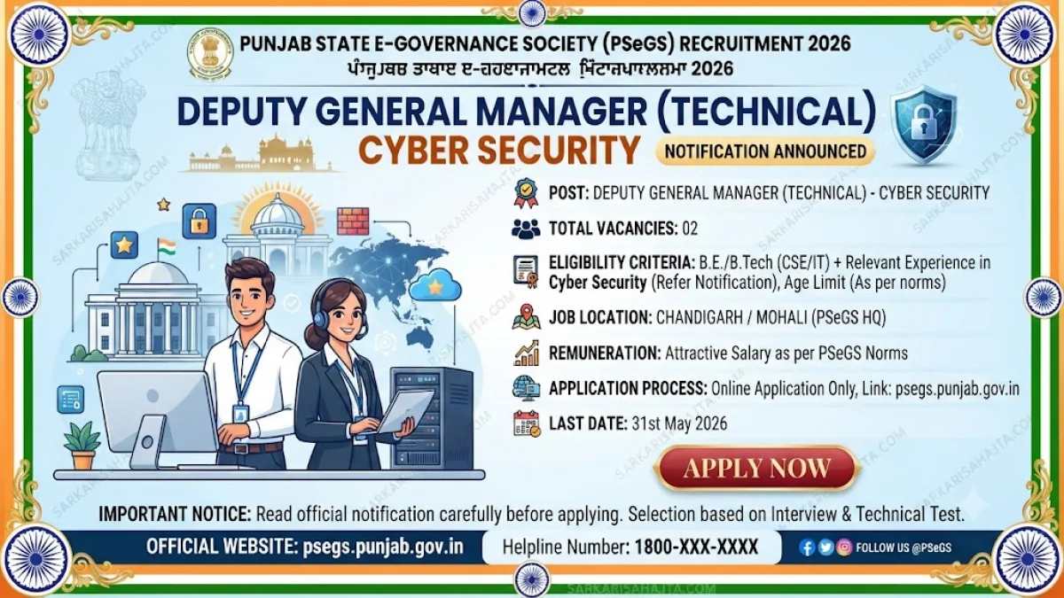 💻 Punjab State e‑Governance Society Recruitment 2026 – Deputy General Manager (Technical) Cyber Security Notification
