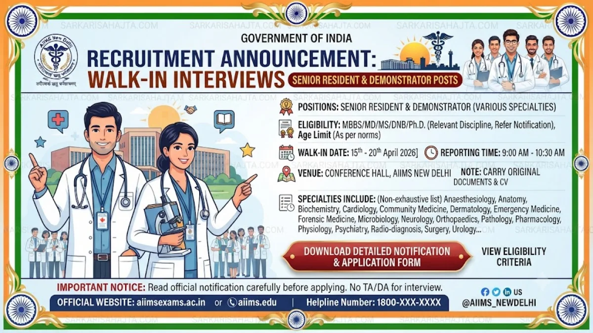 AIIMS New Delhi Announces Walk-In Interviews for Senior Resident and Demonstrator Posts Across Multiple Specialties