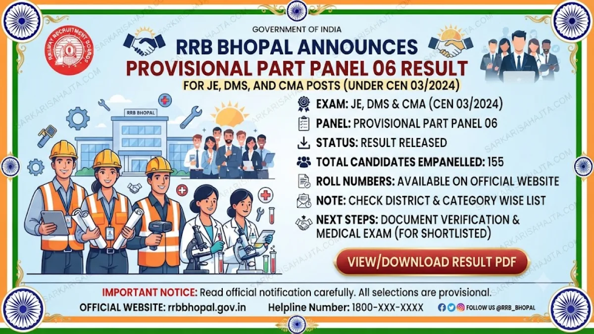RRB Bhopal Announces Provisional Part Panel 06 Result for JE, DMS and CMA under CEN 03/2024