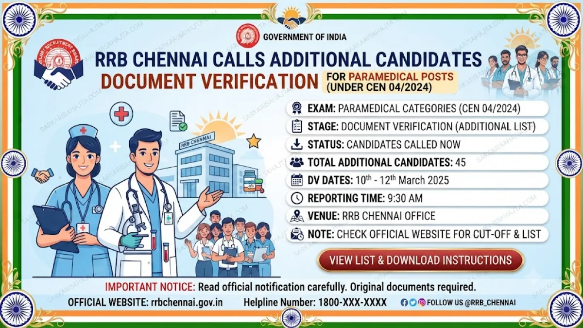 RRB Chennai Calls Additional Candidates for Document Verification under CEN 04/2024 Paramedical Recruitment