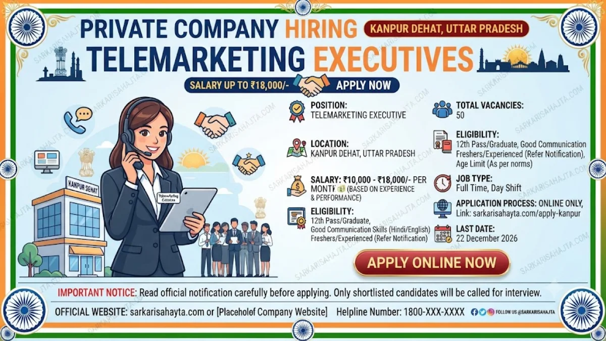 Private Company Hiring Telemarketing Executives in Kanpur Dehat with Salary up to ₹18,000 – Apply Before 22 December 2026