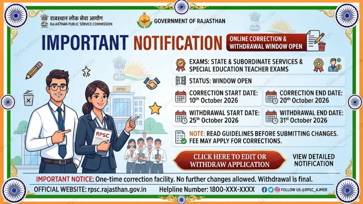 RPSC Opens Online Correction and Withdrawal Window for State & Subordinate Services and Special Education Teacher Exams 2026