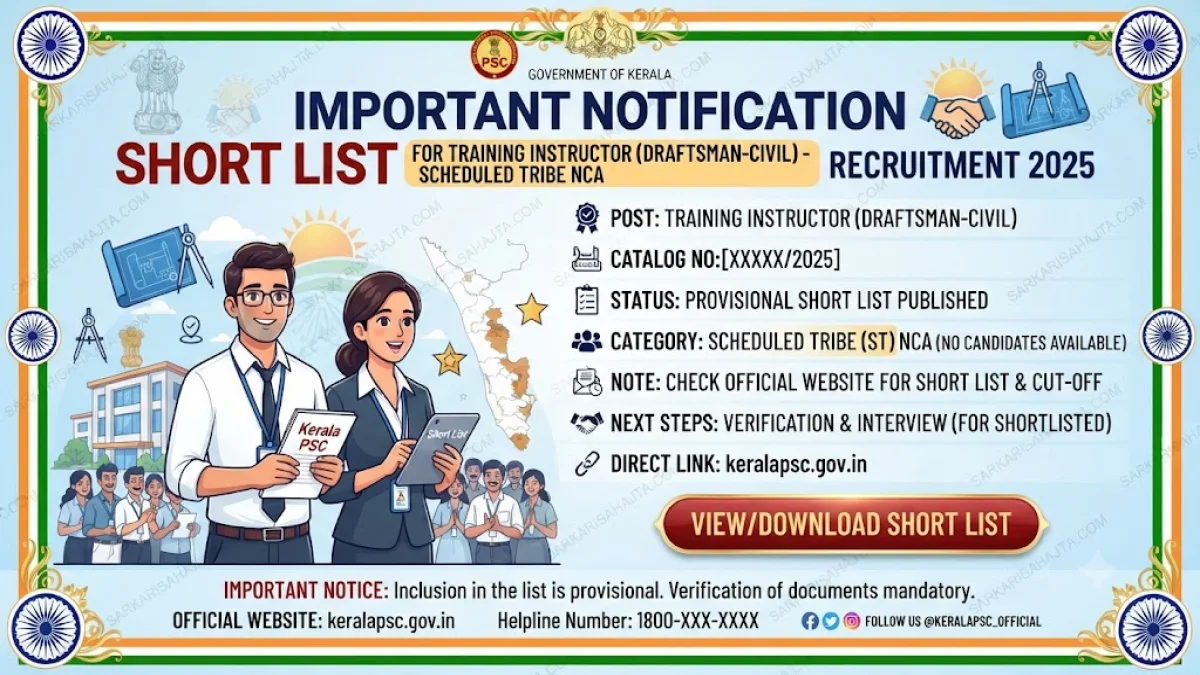 Kerala PSC Issues Short List for Training Instructor (Draftsman-Civil) Scheduled Tribe NCA Recruitment 2025