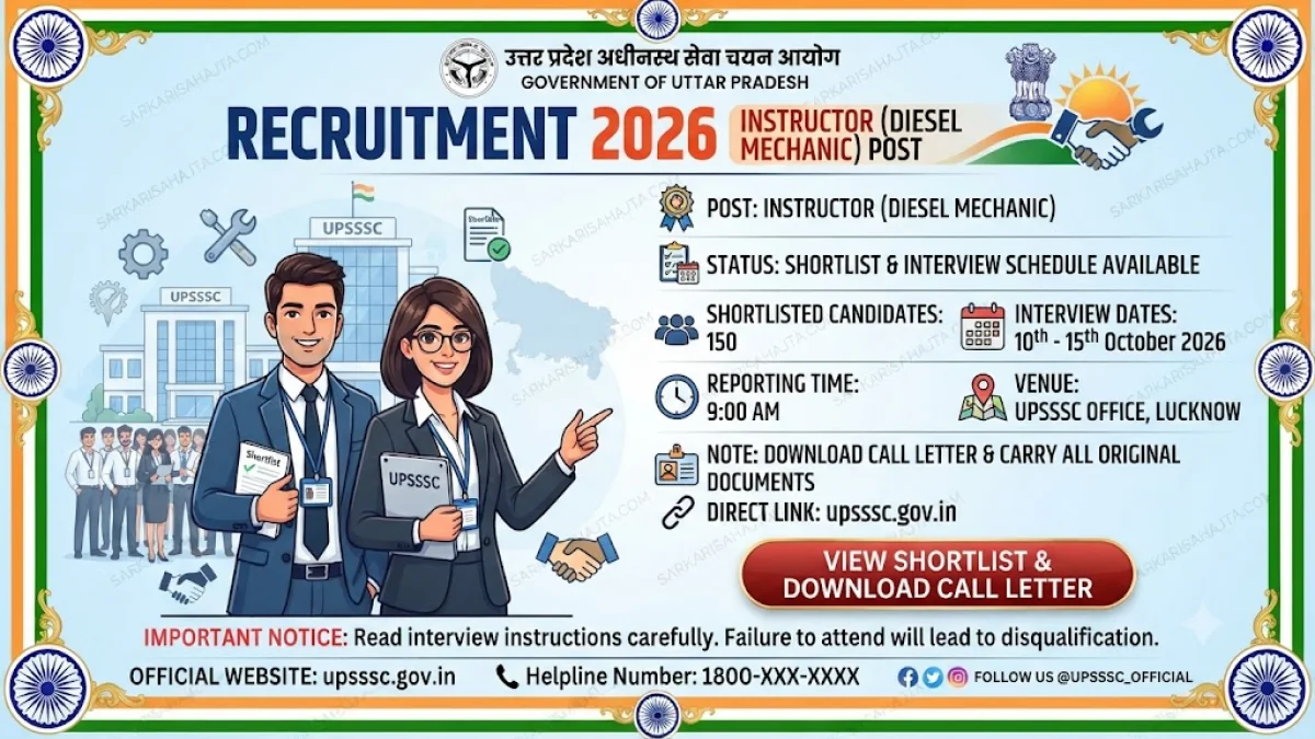 UPSSSC Releases Shortlist and Interview Schedule for Instructor (Diesel Mechanic) Recruitment 2026