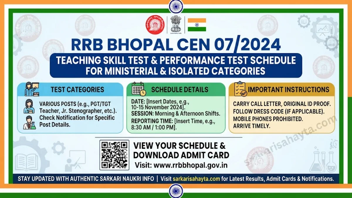 🚆 RRB Bhopal CEN 07/2024: Teaching Skill Test & Performance Test Schedule for Ministerial & Isolated Categories