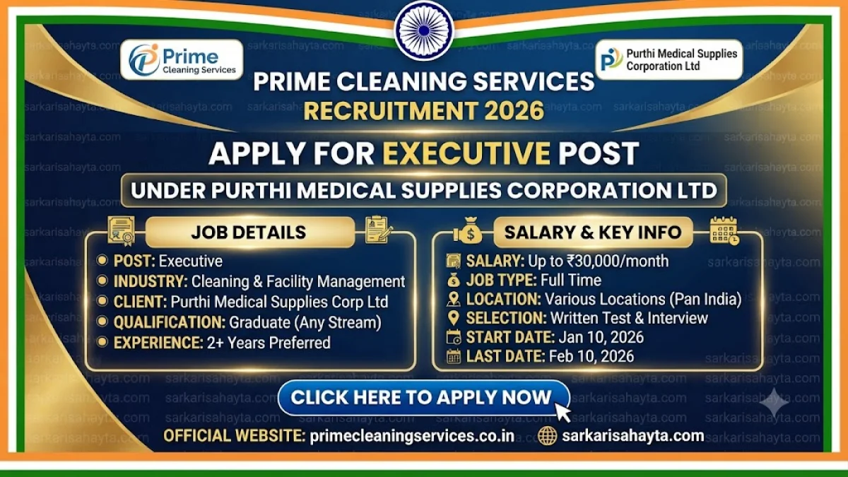🧹 Prime Cleaning Services Recruitment 2026: Apply for Executive Post under Purthi Medical Supplies Corporation Ltd – Salary up to ₹30,000
