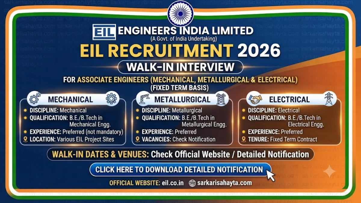 🏭 EIL Recruitment 2026: Walk-in Interview for Associate Engineers (Mechanical, Metallurgical & Electrical) – Fixed Term Basis