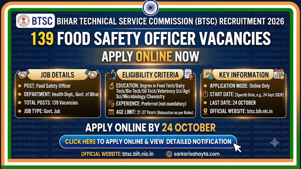🥗 BTSC Bihar Recruitment 2026: 139 Food Safety Officer Vacancies – Apply Online by 24 October