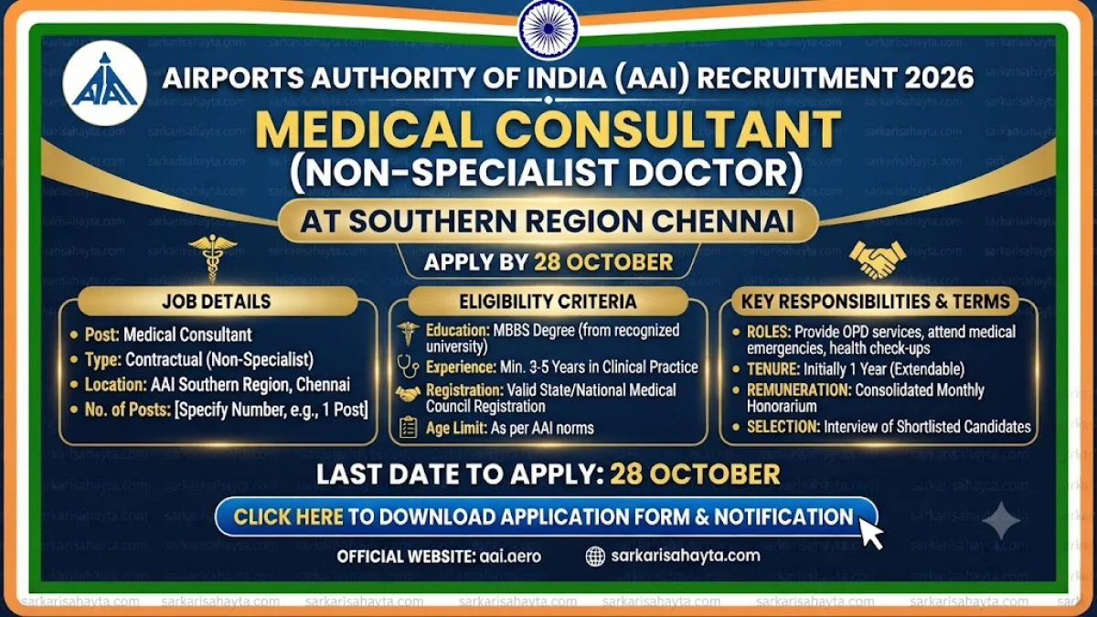 🩺 AAI Recruitment 2026: Medical Consultant (Non-Specialist Doctor) at Southern Region Chennai – Apply by 28 October