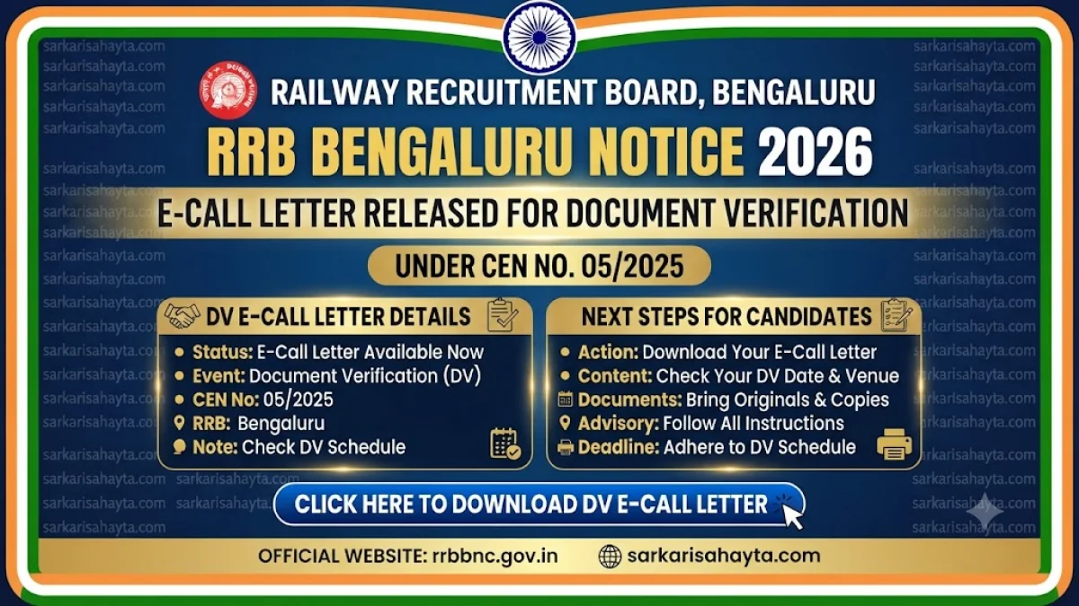 🚆 RRB Bengaluru Notice 2026: E-Call Letter Released for Document Verification under CEN No. 05/2025