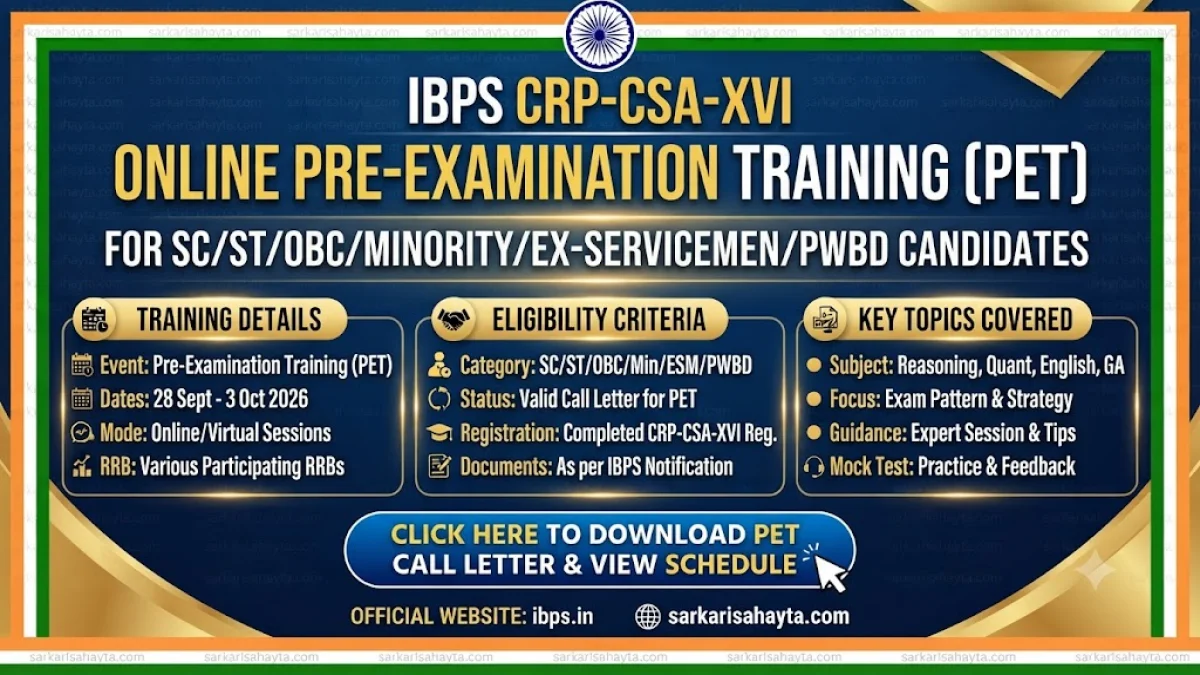 🏦 IBPS CRP-CSA-XVI: Online Pre-Examination Training (PET) for SC/ST/OBC/Minority/Ex-Servicemen/PWBD Candidates – From 28 September to 3 October 2026