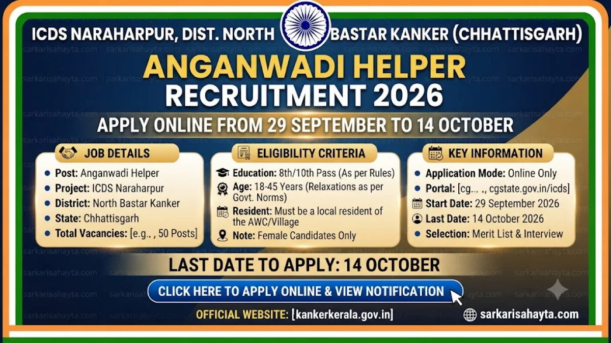 👩‍👧 Anganwadi Helper Recruitment 2026: ICDS Naraharpur, District North Bastar Kanker (Chhattisgarh) – Apply Online from 29 September to 14 October
