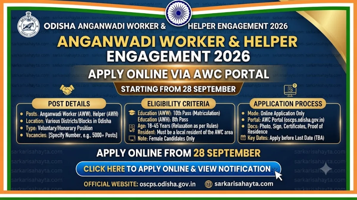 👩‍👧 Odisha Anganwadi Worker & Helper Engagement 2026 – Apply Online via AWC Portal from 28 September