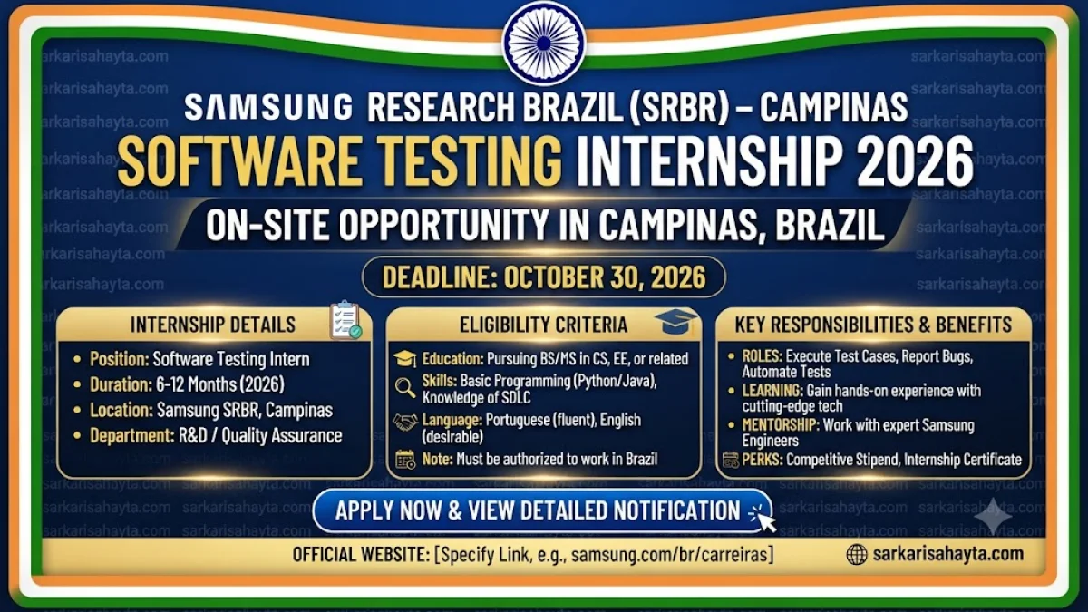 💻 Samsung SRBR Software Testing Internship 2026 – Apply Now for On-Site Opportunity in Campinas, Brazil (Deadline: October 30, 2026)