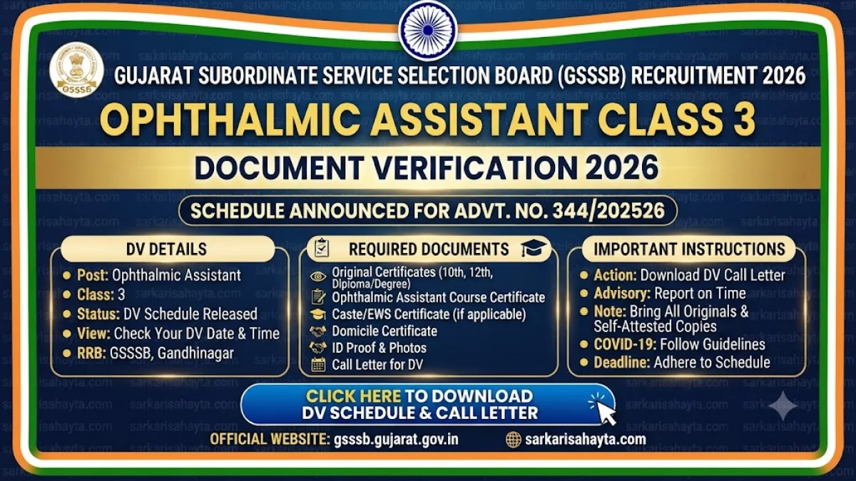 👁️ GSSSB Ophthalmic Assistant Class 3 Document Verification 2026 – Schedule Announced for Advertisement No. 344/202526