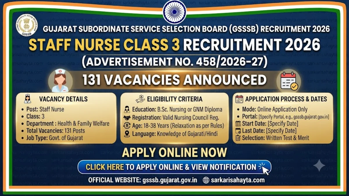 🩺 GSSSB Staff Nurse Class 3 Recruitment 2026 – Advertisement No. 458/2026-27 Announced for 131 Vacancies under Health and Family Welfare Department