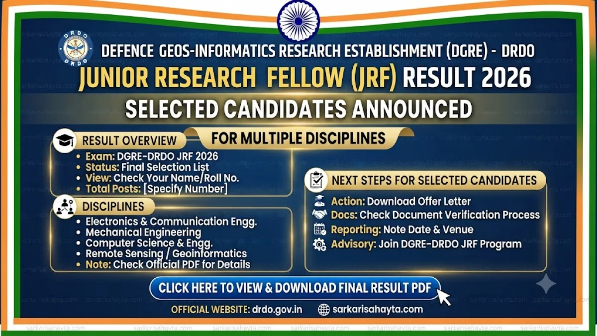 🛰️ DGRE-DRDO Junior Research Fellow (JRF) Result 2026 – Selected Candidates Announced for Multiple Disciplines