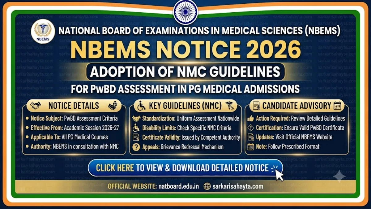 🏥 NBEMS Notice 2026 – Adoption of NMC Guidelines for PwBD Assessment in PG Medical Admissions