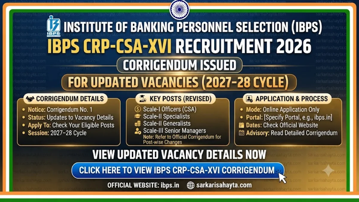 🏦 IBPS CRP-CSA-XVI Recruitment 2026 – Corrigendum Issued for Updated Vacancies (2027–28 Cycle)