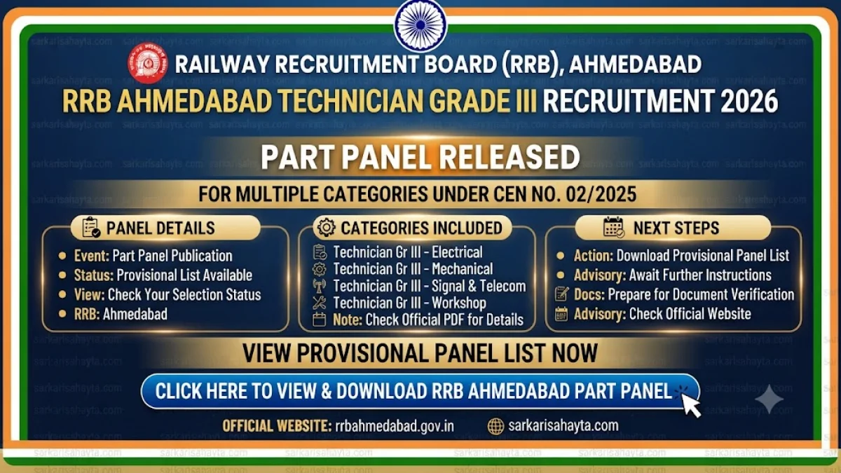 🚆 RRB Ahmedabad Technician Grade III Recruitment 2026 – Part Panel Released for Multiple Categories under CEN No. 02/2025